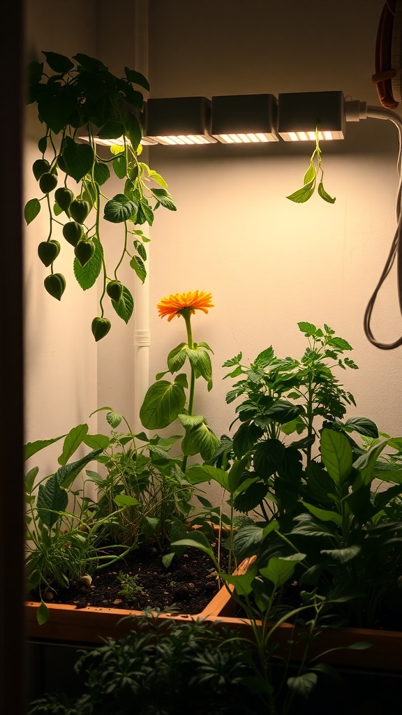 Indoor apartment garden with various plants under grow lights