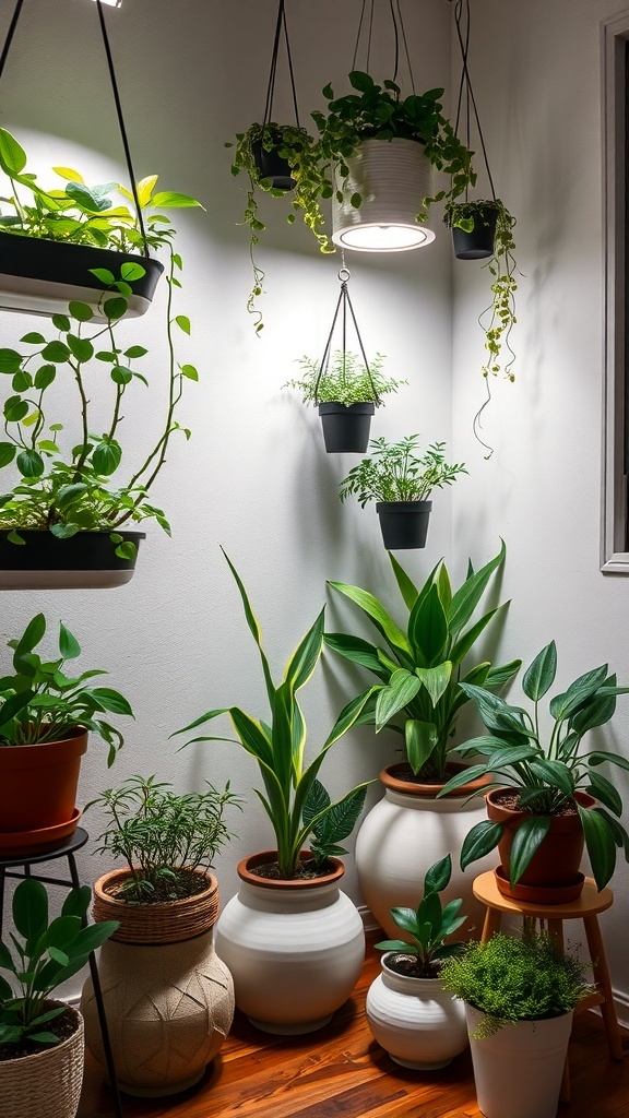 A cozy indoor garden with various plants in hanging pots and on the floor, illuminated by soft lighting.