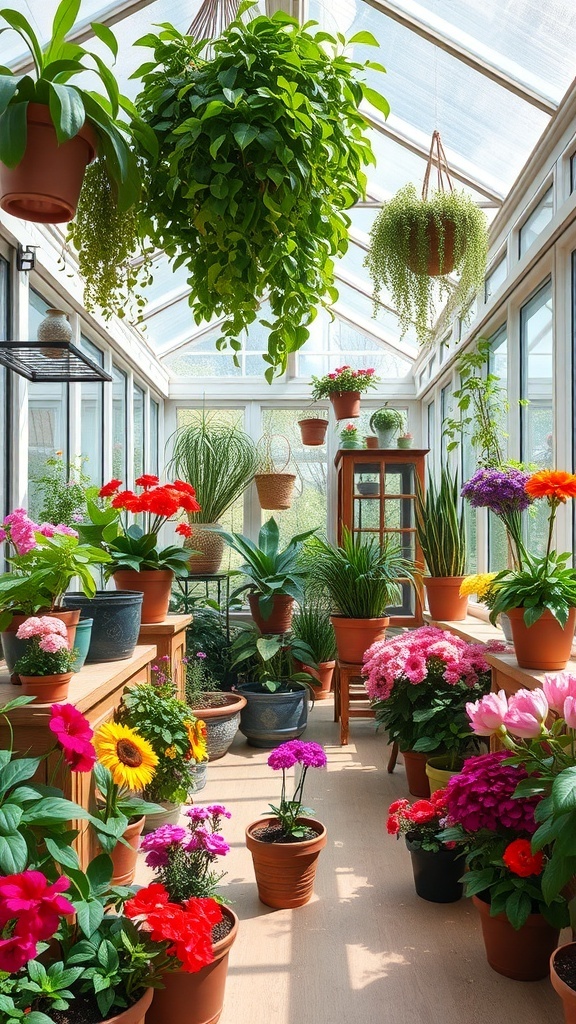 A bright sunroom filled with various potted plants, including colorful flowers and hanging greenery.