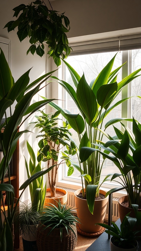Indoor plants arranged near a window, creating a natural barrier for privacy.