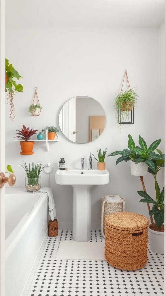 A cozy Scandinavian bathroom featuring indoor plants, a round mirror, and minimalist decor.