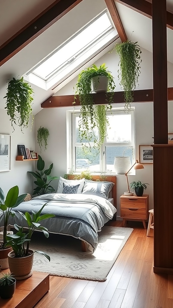 A cozy loft bedroom featuring indoor plants, wooden furniture, and natural light.