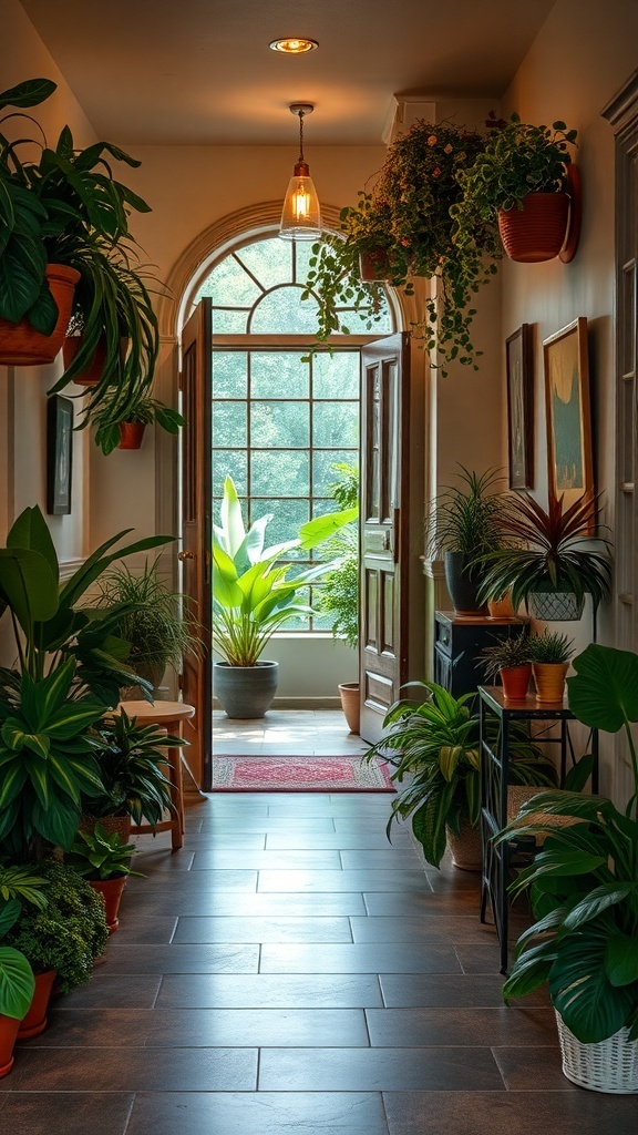A hallway filled with various indoor plants, showcasing a fresh and inviting atmosphere.