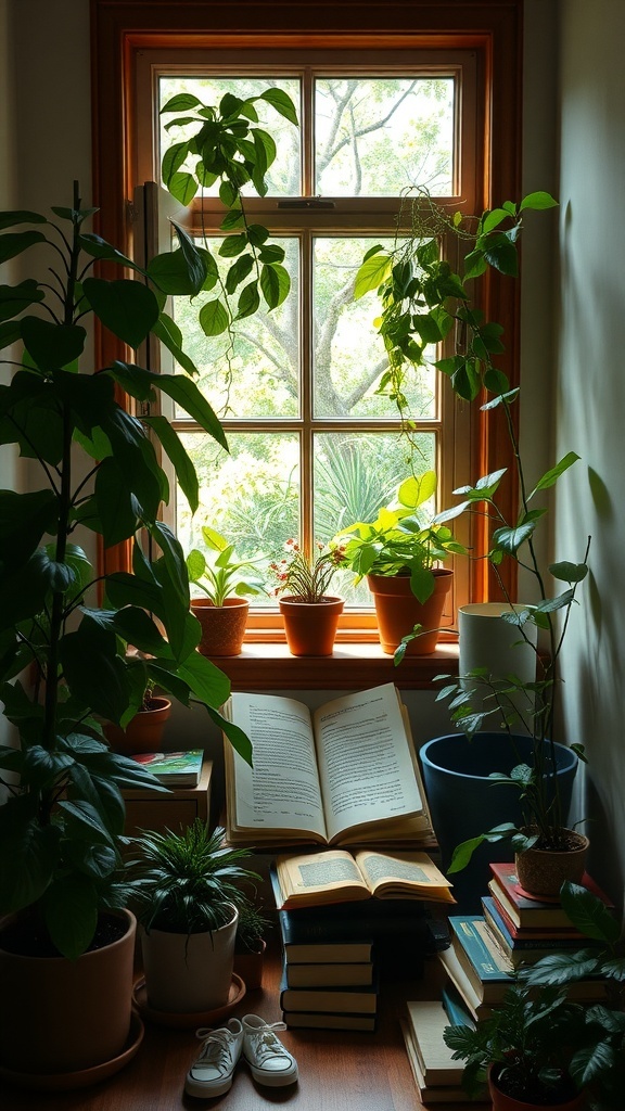 A cozy reading nook with indoor plants and open books near a window.