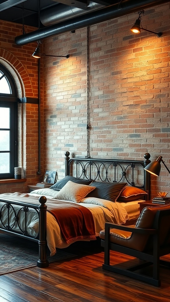 An industrial-inspired bedroom featuring exposed brick walls, a metal bed frame, and a leather chair.