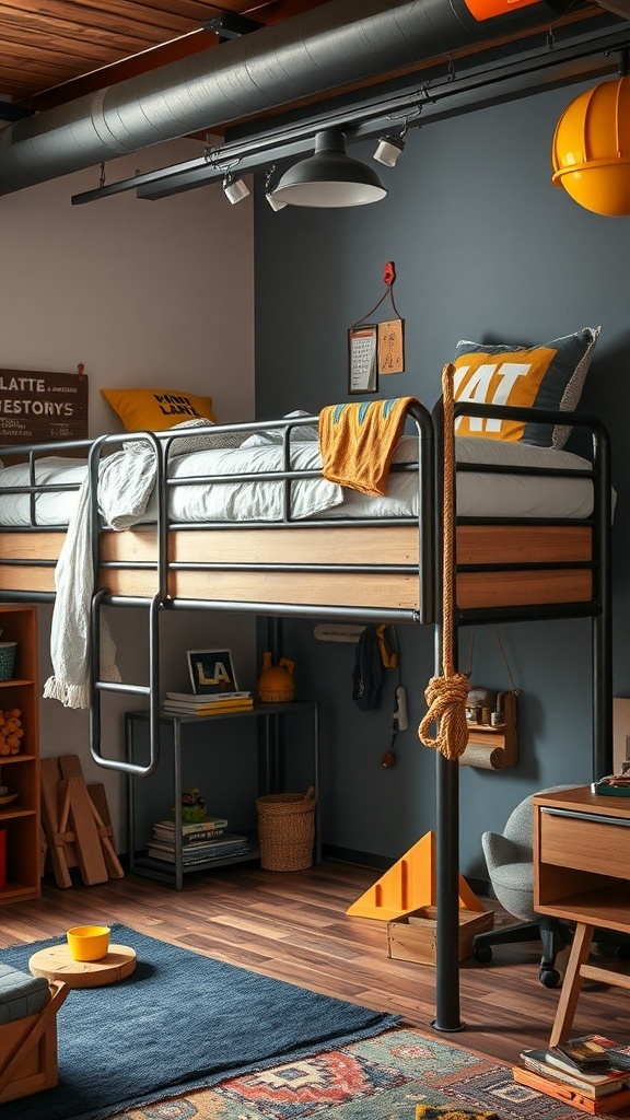 Industrial-inspired loft bed with metal fixtures, climbing rope, and playful decor.