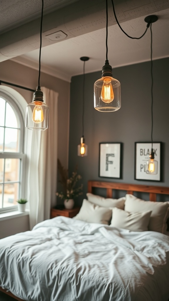 Industrial-style pendant lights hanging above a bed in a loft bedroom
