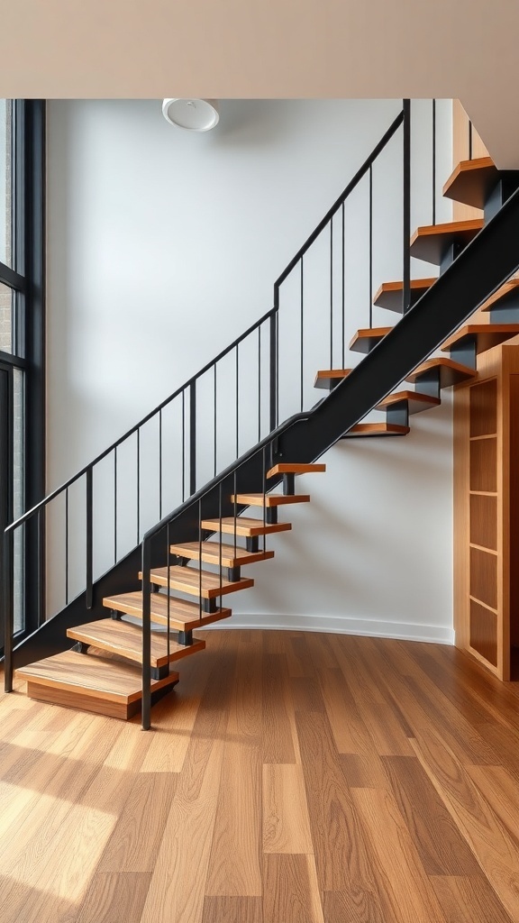 A modern industrial black steel staircase with wooden treads in a bright interior.
