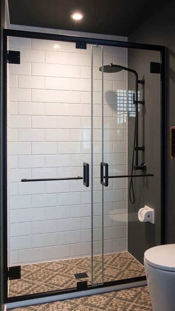 Walk-in double shower with industrial glass and metal doors, featuring white tiles and a modern design.