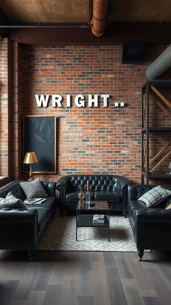 A stylish industrial loft living room featuring a black leather sofa, exposed brick walls, and modern decor.