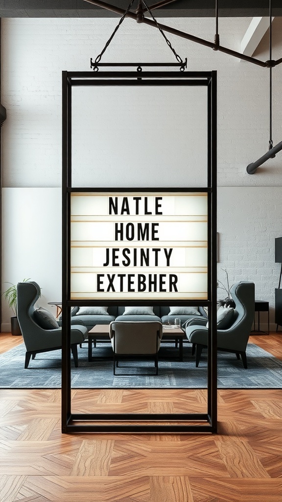 Industrial metal-framed light box hanging in a modern living space