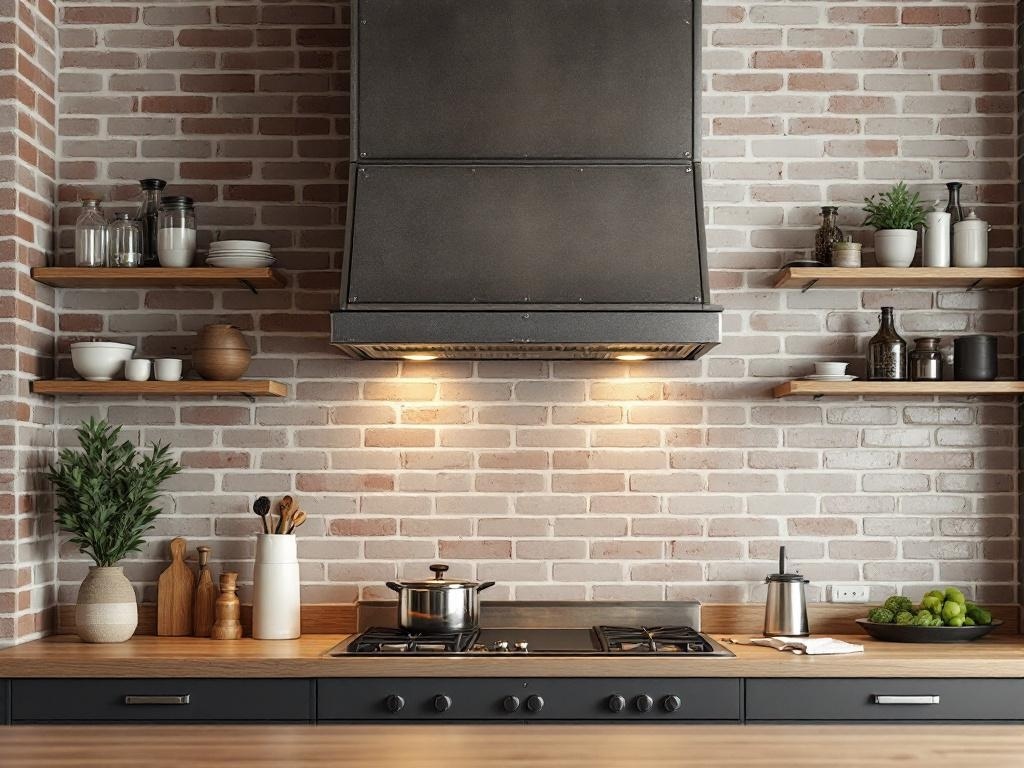A kitchen featuring industrial metal paneling on the vent hood, with brick walls and wooden shelves.