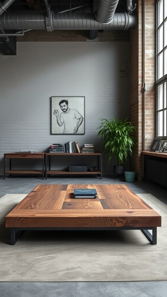 Industrial Steel and Wood Fusion Coffee Table in a modern living room setting