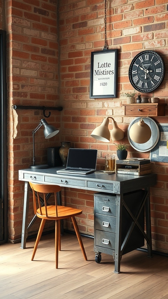 An industrial style corner workspace with a metal desk, wooden chair, and exposed brick wall.