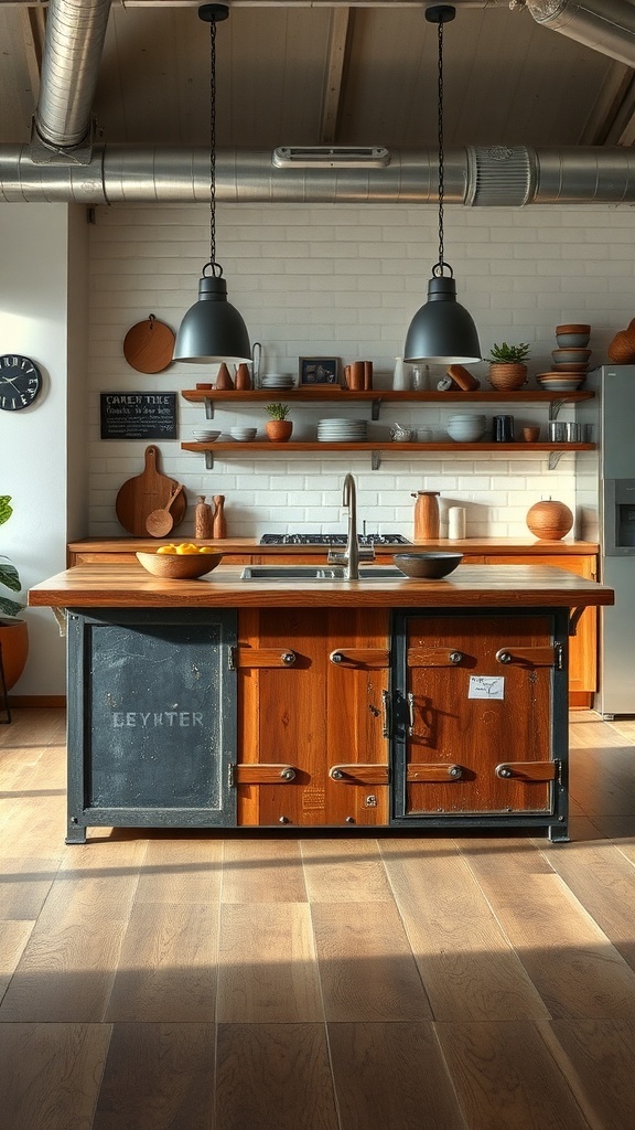 Industrial style kitchen island with metal accents and wooden top