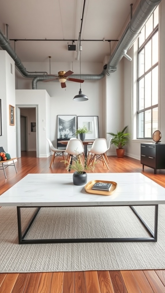 A modern industrial living space featuring a white coffee table with a black metal frame, surrounded by stylish chairs and warm wooden floors.