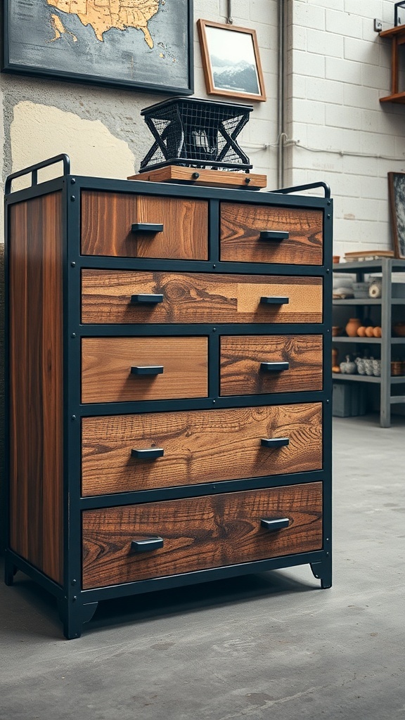 Industrial style chest of drawers made of wood and metal, featuring multiple drawers and a modern design.