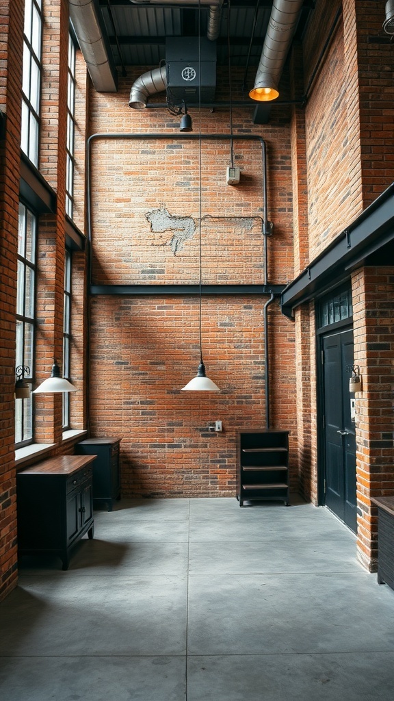 An industrial-style interior featuring exposed brick walls, metal pipes, and simple wooden furniture.