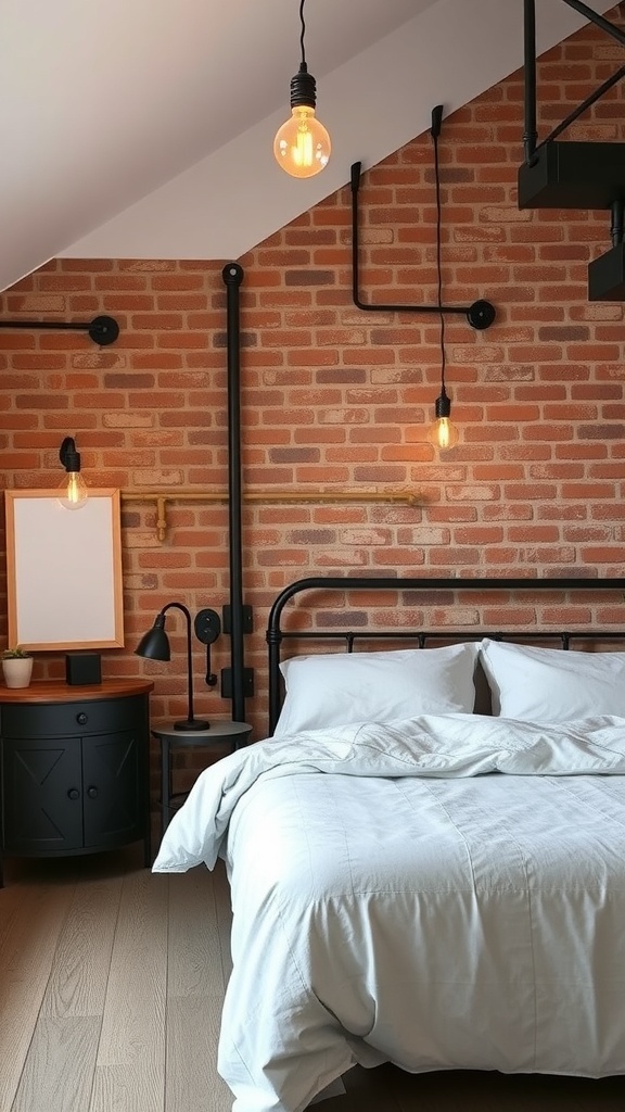 An industrial-style bedroom featuring a brick wall, Edison bulb lighting, and minimalist furniture.