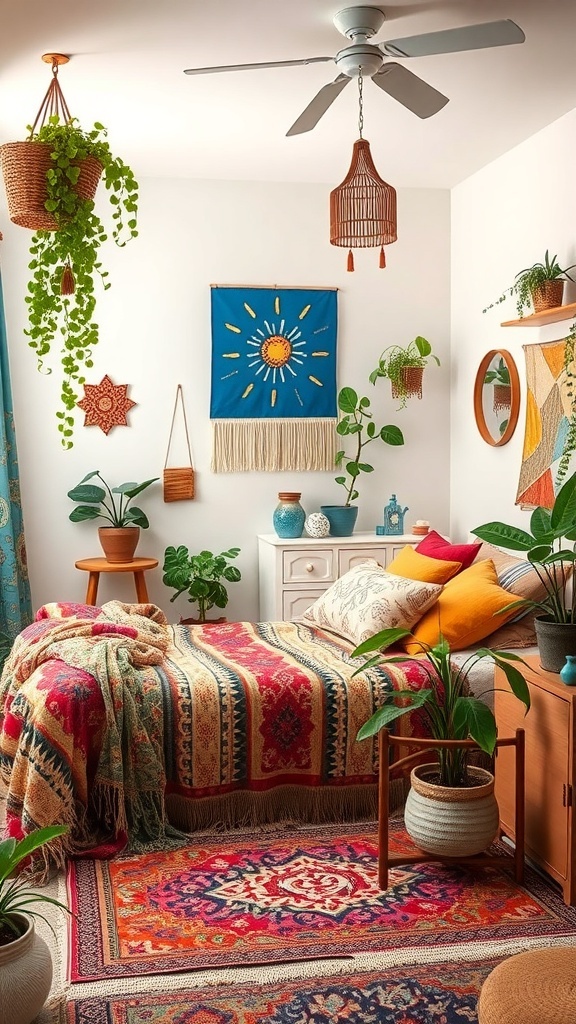A cozy bohemian-style bedroom with colorful textiles, plants, and warm lighting.