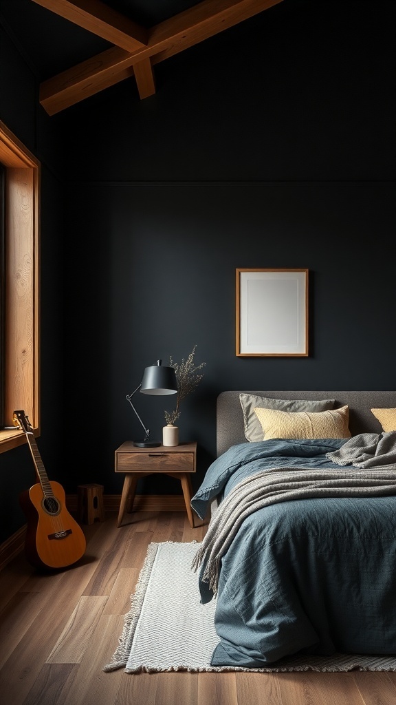 A cozy bedroom featuring ink black walls and warm oak trim, with a bed adorned in soft textiles and a guitar in the corner.
