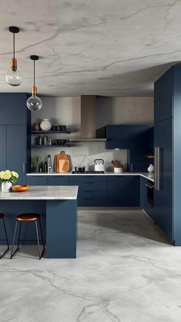 A modern kitchen featuring inky blue cabinets and concrete finishes, showcasing a sleek design with a stylish contrast.