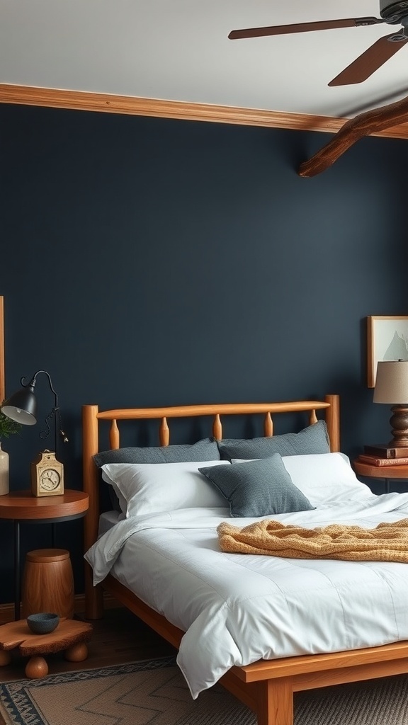A cozy bedroom featuring inky indigo walls and natural wood trim, with a wooden bed frame and soft bedding.
