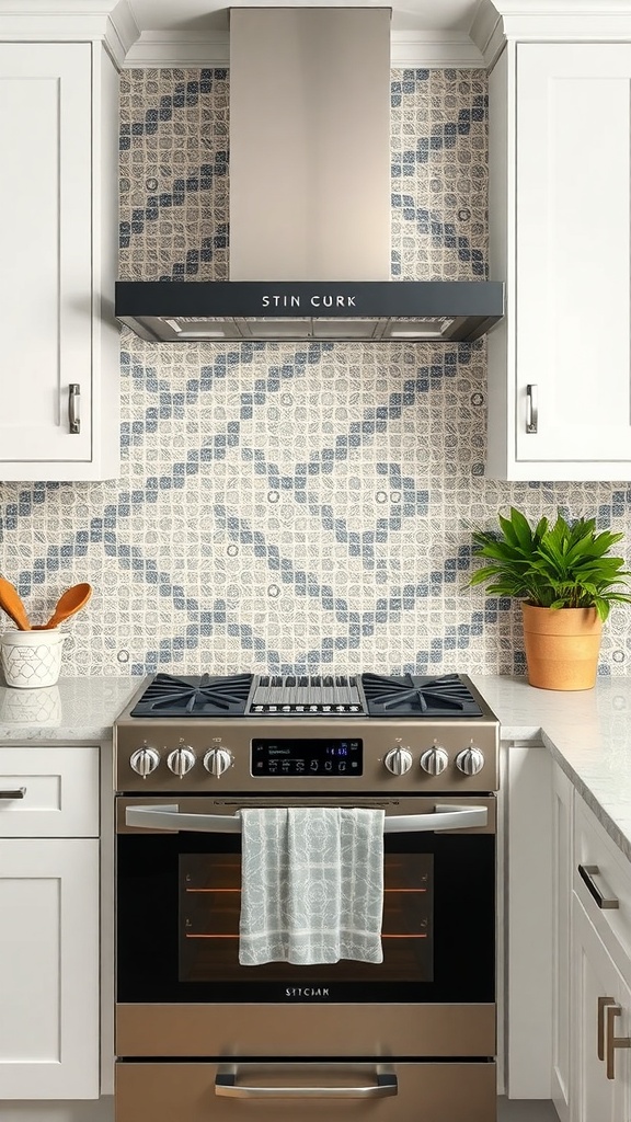 A modern kitchen with a patterned tile backsplash in blue and white, featuring a stainless steel range hood and a stylish stove.