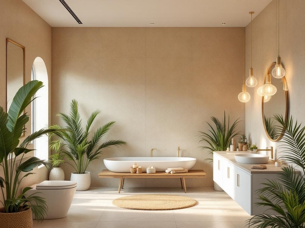 Modern tropical bathroom with pendant lights, archway tub, and greenery.