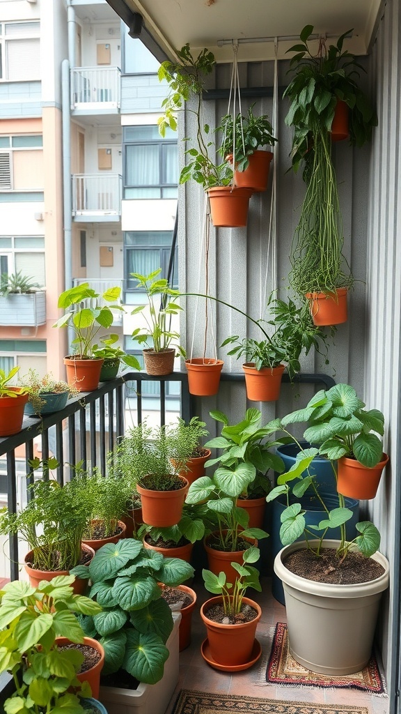 A balcony garden filled with various potted plants, showcasing vertical gardening techniques.