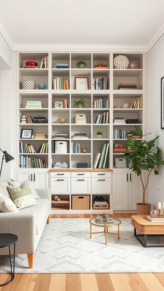 A modern living room with a large bookshelf containing books and decorative items, complemented by a cozy sofa and plants.