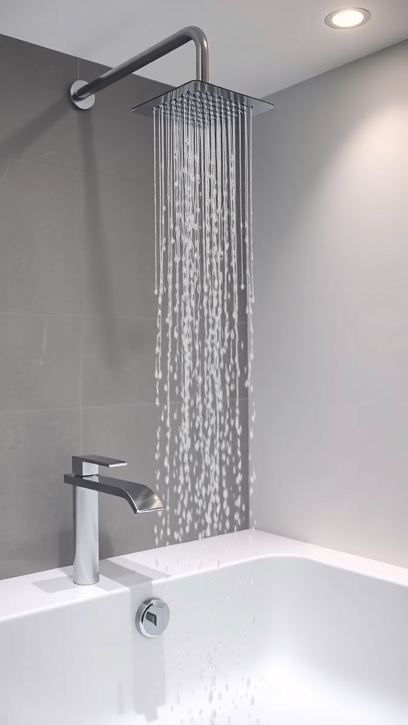 A modern rain showerhead with cascading water in a stylish bathroom setting.