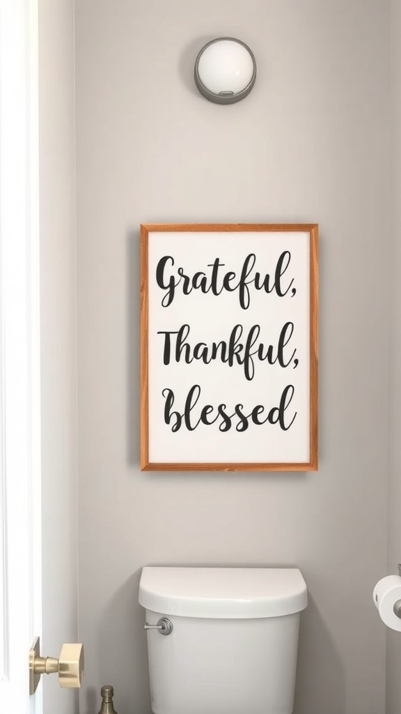 Framed artwork in a bathroom with the words 'Grateful, Thankful, Blessed' above a toilet.