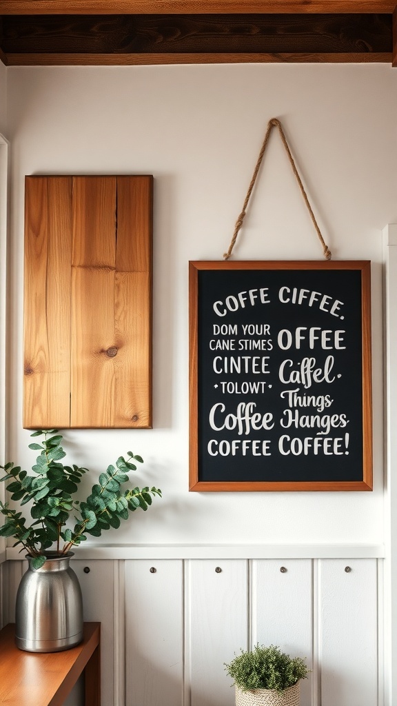 A framed coffee sign with playful lettering hanging on a wall, surrounded by greenery.