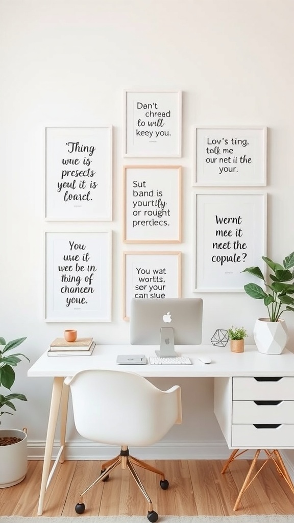 A stylish home office with a desk, computer, and framed inspirational quotes on the wall.