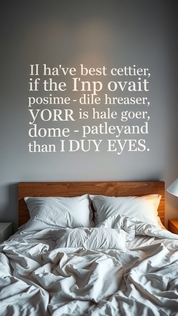 A wall with playful word art above a neatly made bed, featuring white bedding and a wooden headboard.