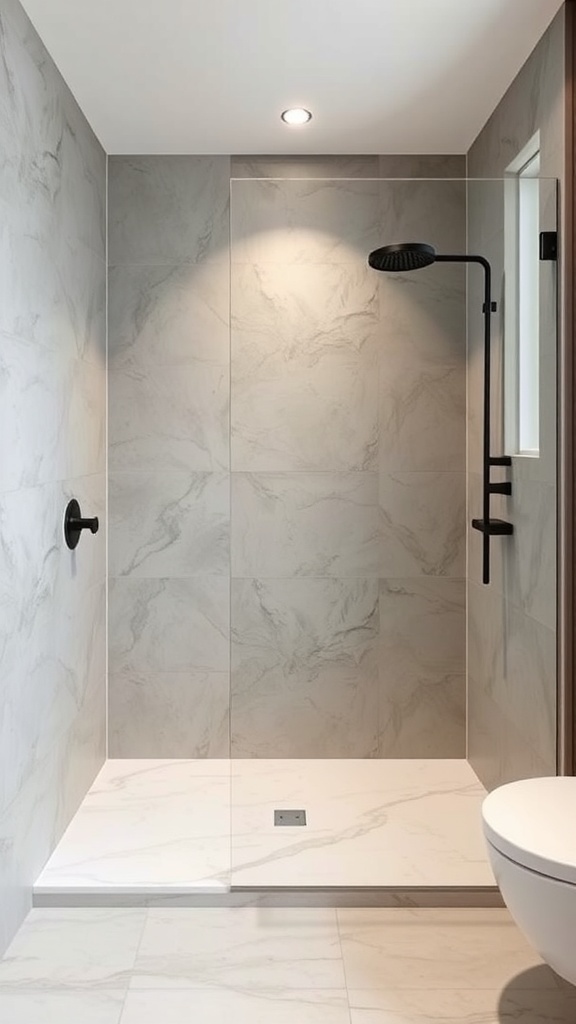 Modern shower tray with marble-effect tiles and black fixtures