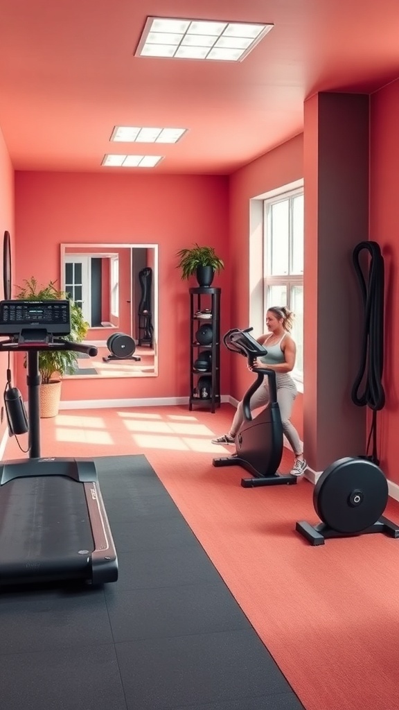 A stylish home gym with coral walls, a treadmill, and exercise equipment, featuring natural light and plants.