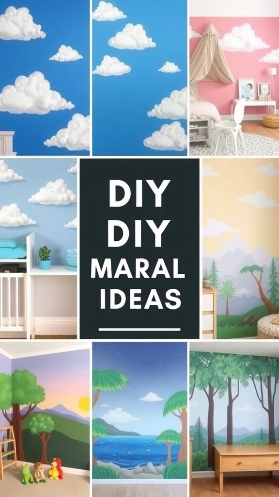 A collage of DIY mural ideas for kids' bedrooms, featuring clouds, tropical scenes, and forest landscapes.