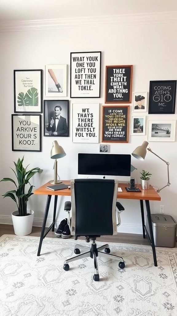 A stylish home office with a gallery wall featuring framed art and quotes, a desk, and plants.