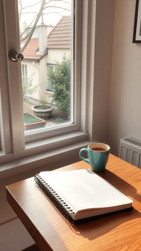 A cozy breakfast nook with a cup of coffee and a notebook by the window