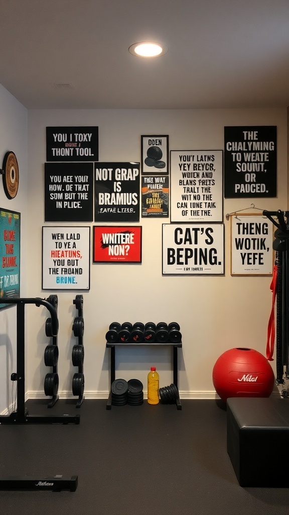 A home gym with motivational quotes on the wall and workout equipment.