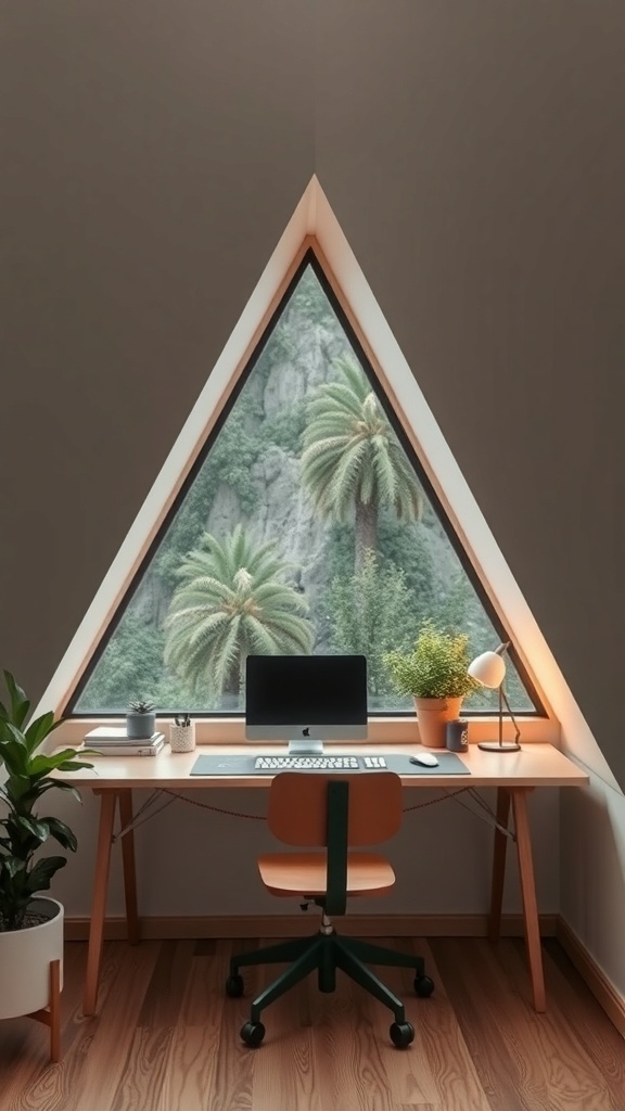 A minimalistic triangle nook workspace with a view of palm trees through a large triangular window.