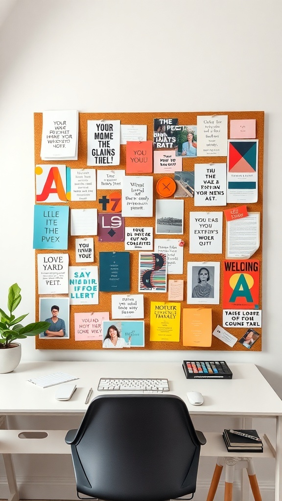 A corkboard filled with colorful notes, quotes, and images in a stylish home office.