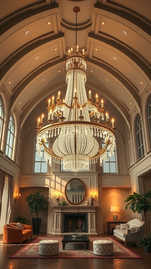 A grand, oversized chandelier hangs from a cathedral ceiling in a beautifully designed living room.
