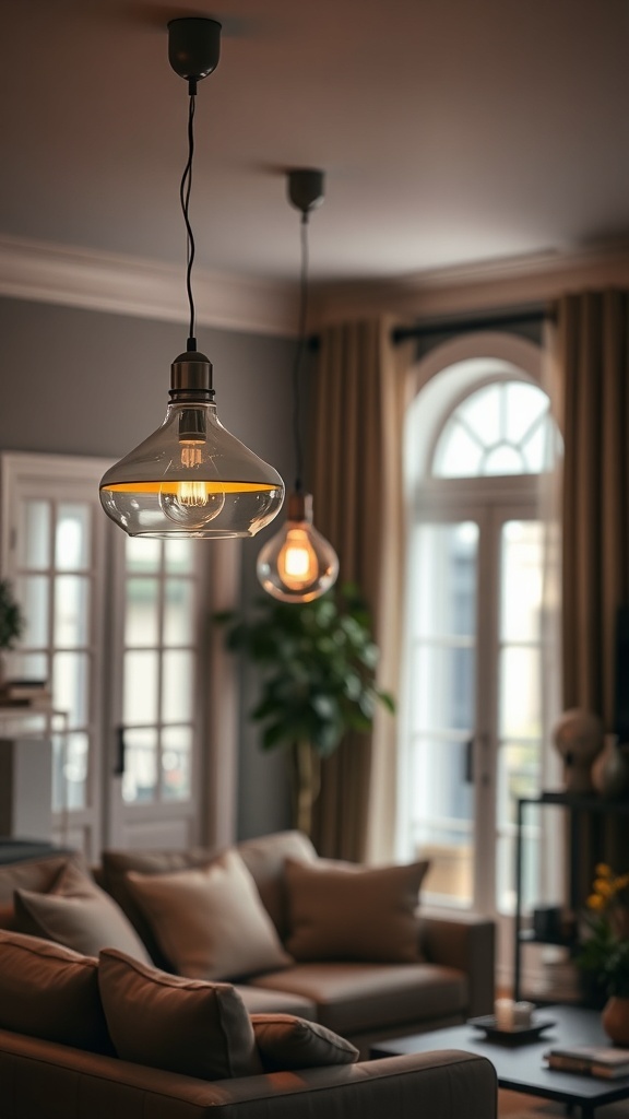 Cozy living room with pendant warm lighting and comfortable seating