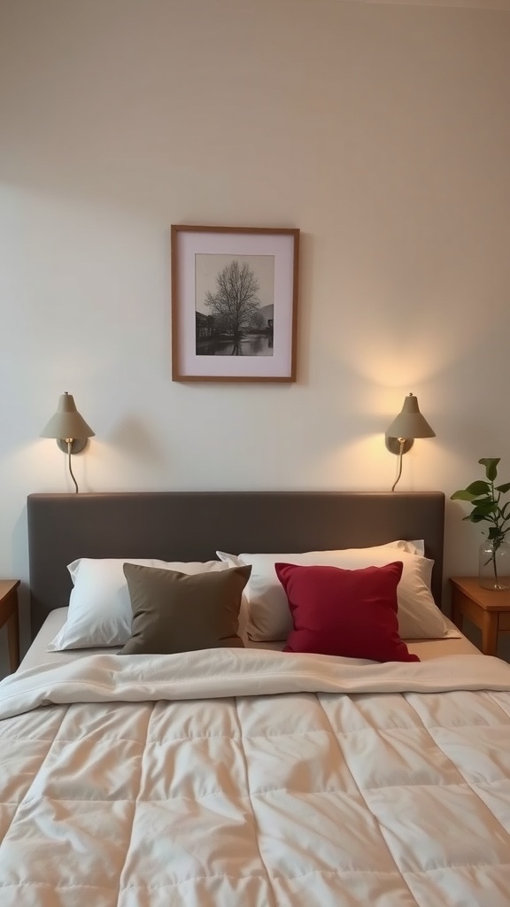 A cozy bedroom with plug-in sconces on either side of the bed, featuring a stylish headboard and decorative pillows.