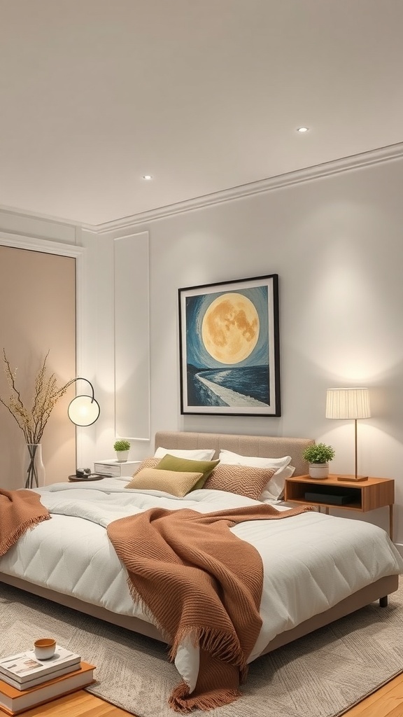 Cozy bedroom with recessed lighting highlighting artwork and decor
