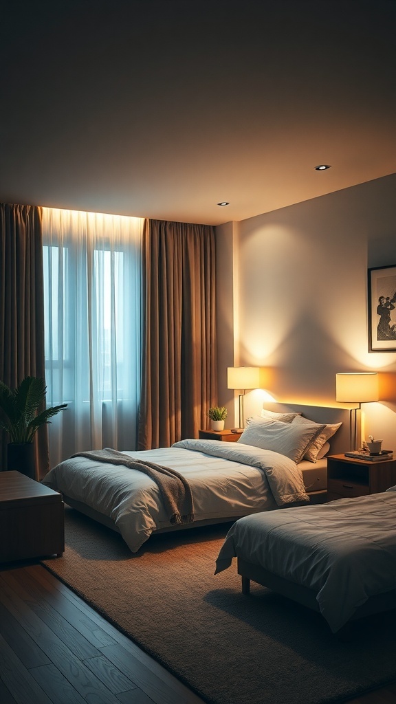 A cozy bedroom with warm lighting, featuring recessed lights and bedside lamps.