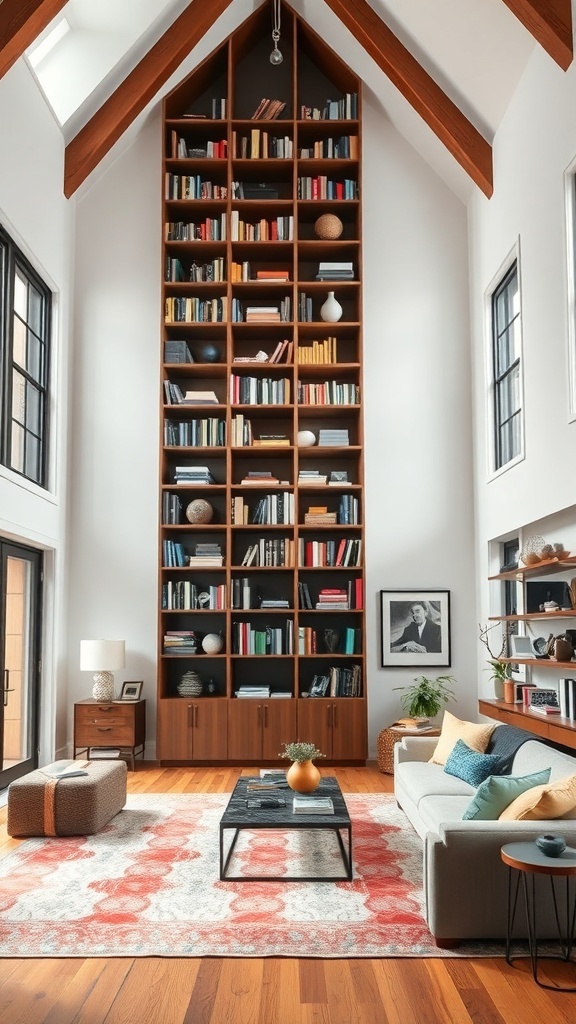 A living room featuring tall built-in shelving with books and decorative items, complemented by exposed wooden beams and a cozy seating area.